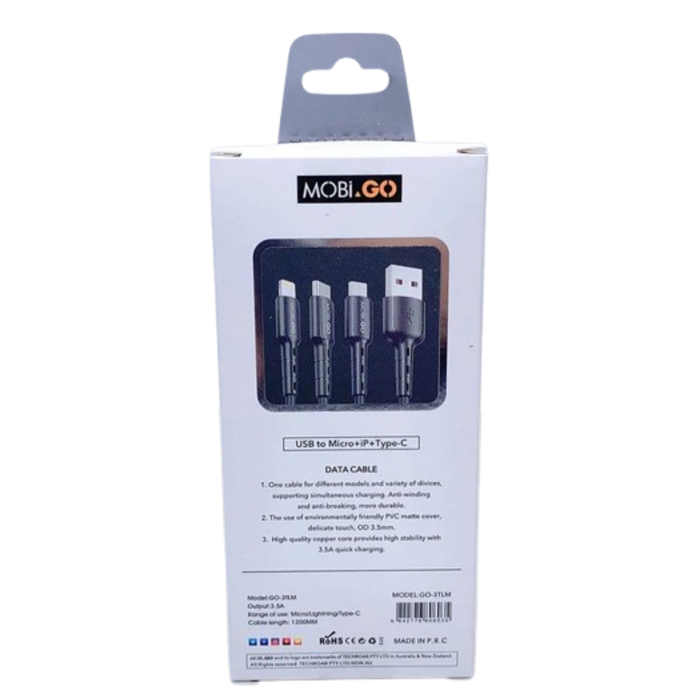 9eight5 Mobigo 1.2m 3-in-1 cable accessory with multiple connectors, shown in black with compact design.