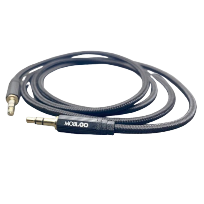 9eight5 Mobigo 1m 3.5mm audio cable accessory with gold-plated connectors and flexible black cable for devices.