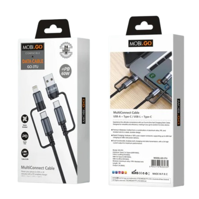 9eight5 Mobigo 1m 60W 4-in-1 charging cable with multiple connectors, versatile accessories for fast device charging.