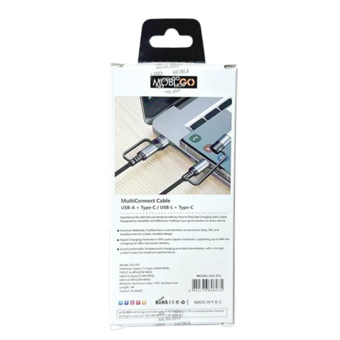 9eight5 Mobigo 1m 60W 4-in-1 cable with multiple connectors for versatile device charging and data transfer.