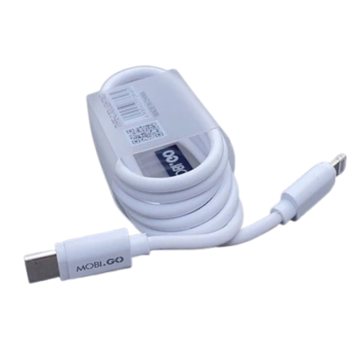 9eight5 Mobigo 1m PD 20W Type-C to Lightning cable showing USB-C and Lightning connectors for fast charging and data transfer