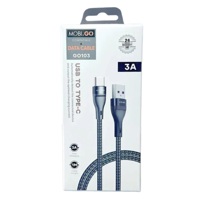 9eight5 Mobigo 1m USB-A to USB-C cable accessory, black with plastic connectors, designed for device charging and data transfer