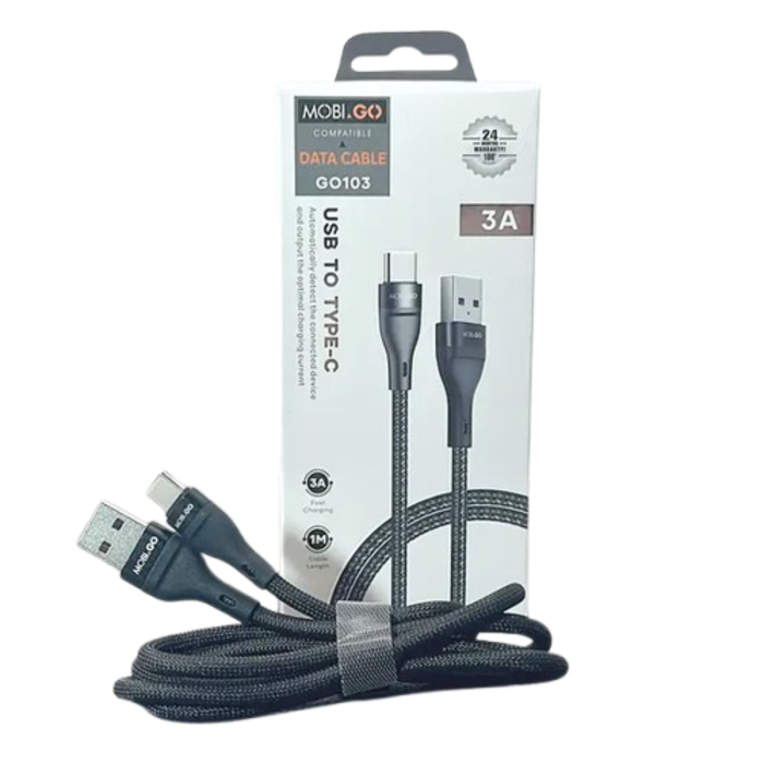 9eight5 Mobigo 1m USB-A to USB-C cable accessory, black with flexible braided design for charging and data transfer.