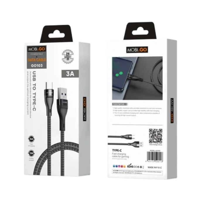 9eight5 Mobigo 1m USB-A to USB-C cable showing durable black design with USB connectors on each end for device charging and data transfer.