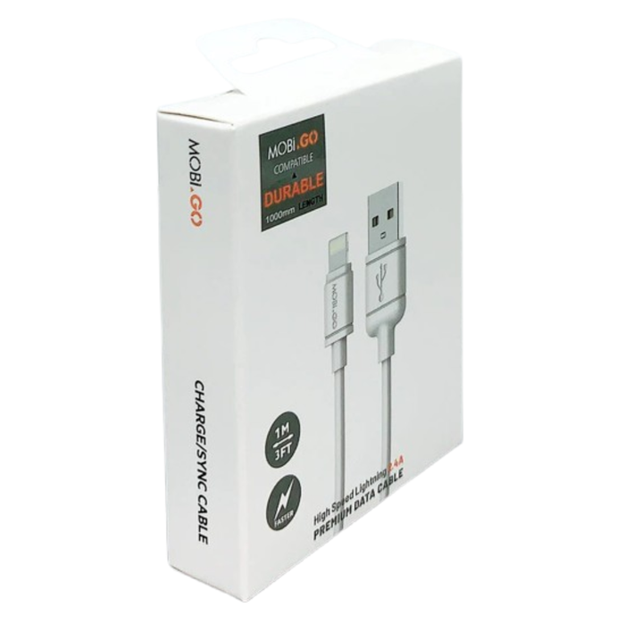 9eight5 Mobigo 1m USB-A to Lightning cable accessory showing a white cable with USB-A and Lightning connectors.