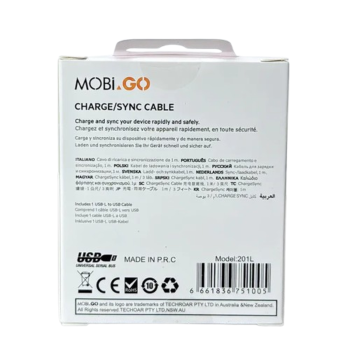 9eight5 Mobigo 1m USB-A to Lightning cable accessory showing the white cable with USB-A and Lightning connectors.