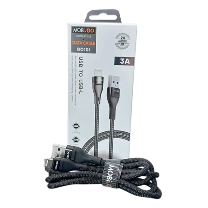 9eight5 Mobigo 1m USB-A to Lightning cable accessory, with a close-up of the black cable and connectors for Apple devices.
