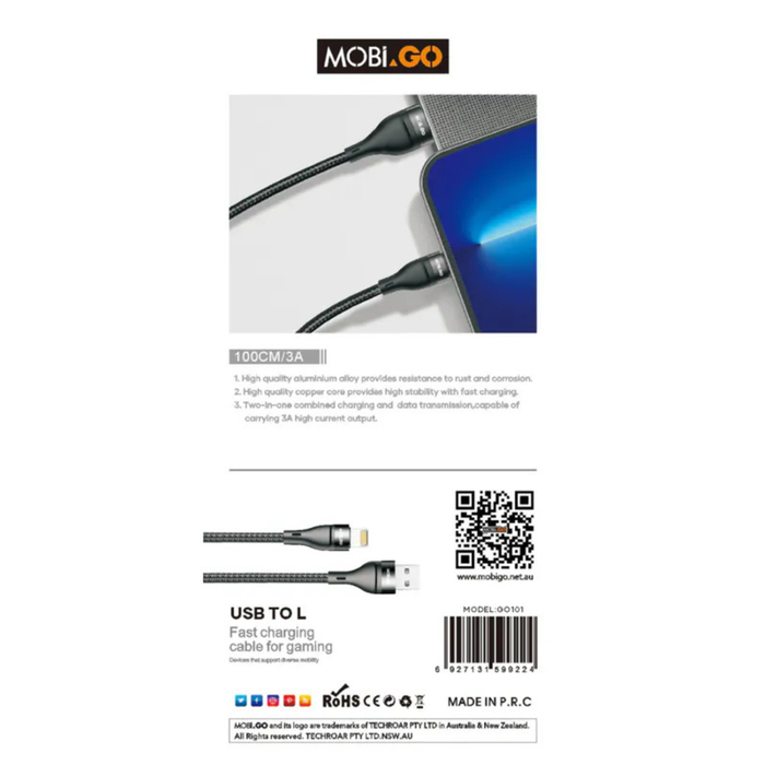 9eight5 Mobigo 1m USB-A to Lightning cable accessory showing USB-A and Lightning connectors for Apple devices.