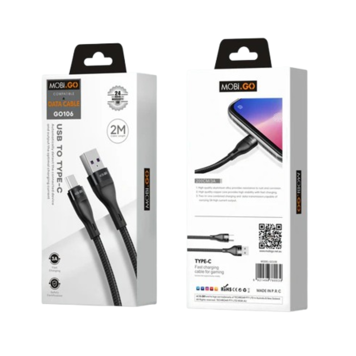 9eight5 Mobigo 2m USB-A to USB-C cable accessory, black cable with gold-plated connectors for fast device charging and data transfer.