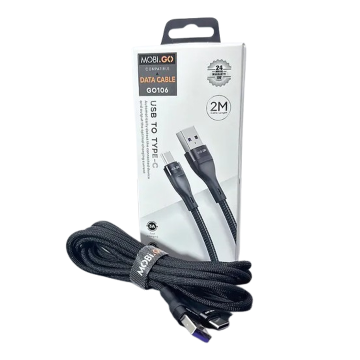 9eight5 Mobigo 2m USB-A to USB-C cable accessory showing the black cable with USB connectors on each end