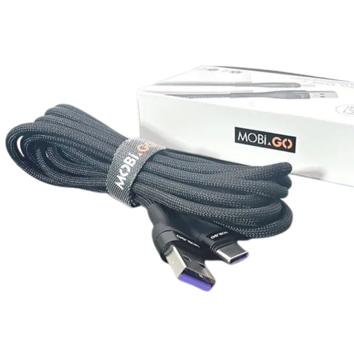 9eight5 Mobigo 2m USB-A to USB-C cable lying flat, showing black plastic connectors and flexible cable for device charging and data transfer