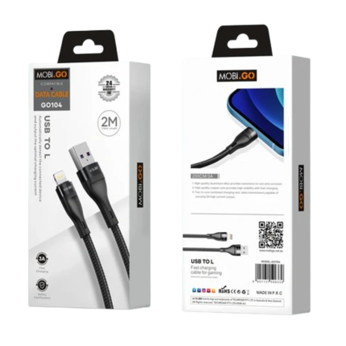 9eight5 Mobigo 2-meter USB-A to Lightning cable showing durable braided design and USB-A and Lightning connectors.
