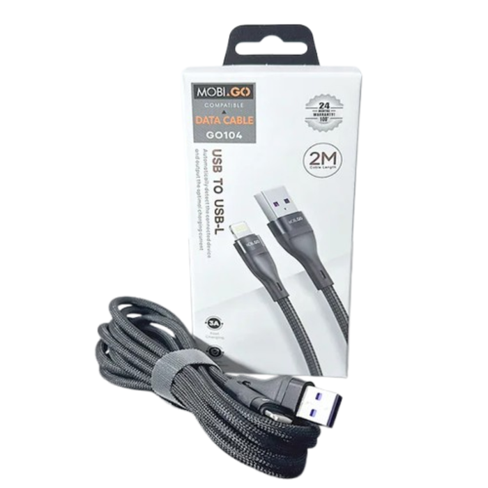 9eight5 Mobigo 2m USB-A to Lightning cable accessory showing a black cable with USB-A and Lightning connectors