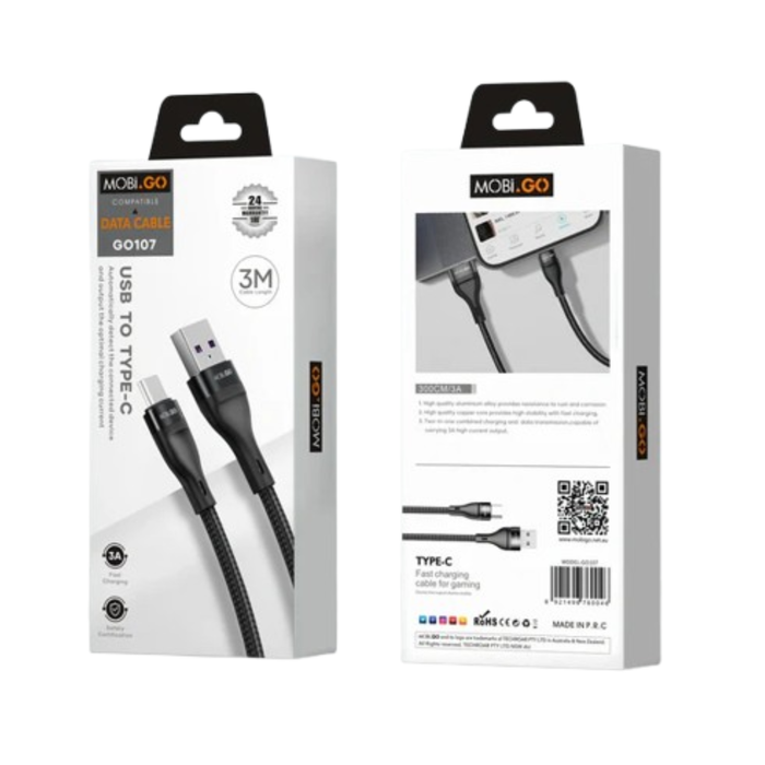 9eight5 Mobigo 3m USB-A to C cable accessory showing a black cable with USB-A and USB-C connectors.