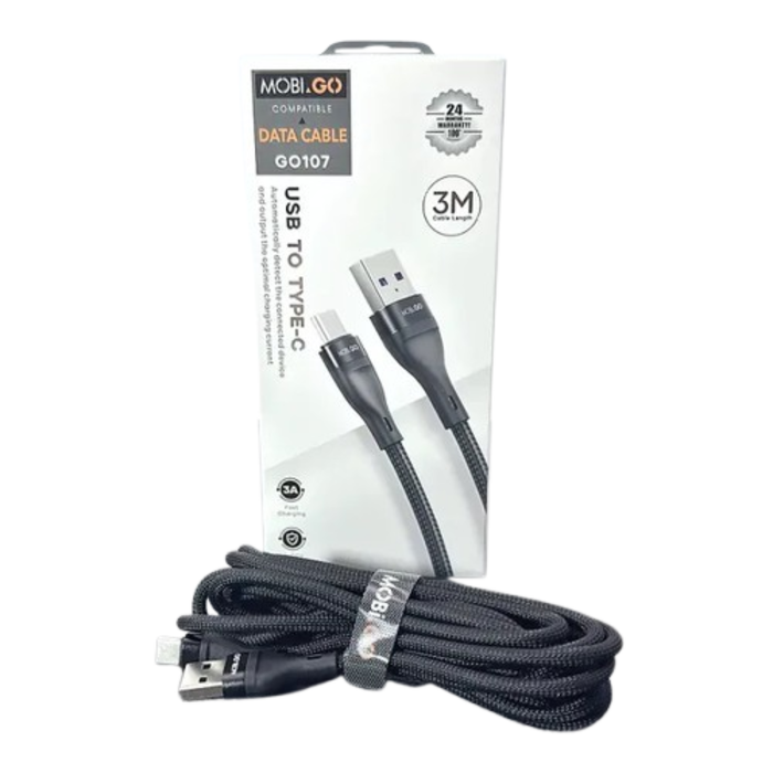 9eight5 Mobigo 3m USB-A to USB-C cable accessory, black with reinforced connectors and flexible design for charging and data transfer.