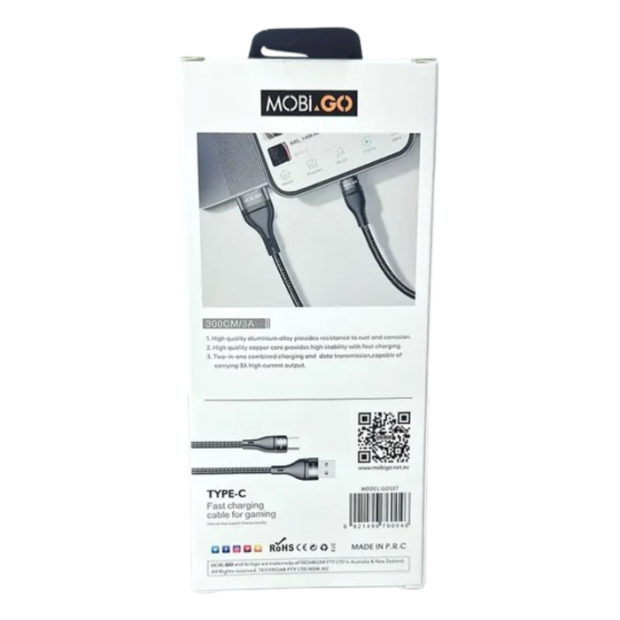 9eight5 Mobigo 3m USB-A to C cable accessory showing a black USB-C connector and a USB-A connector on a white background