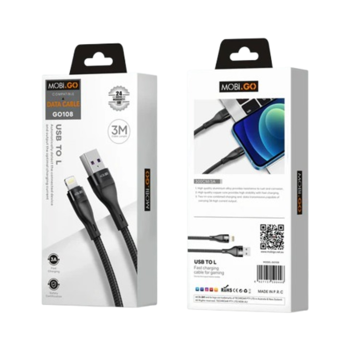 9eight5 Mobigo 3m USB-A to Lightning cable accessory showing a black cable with USB-A and Lightning connectors.