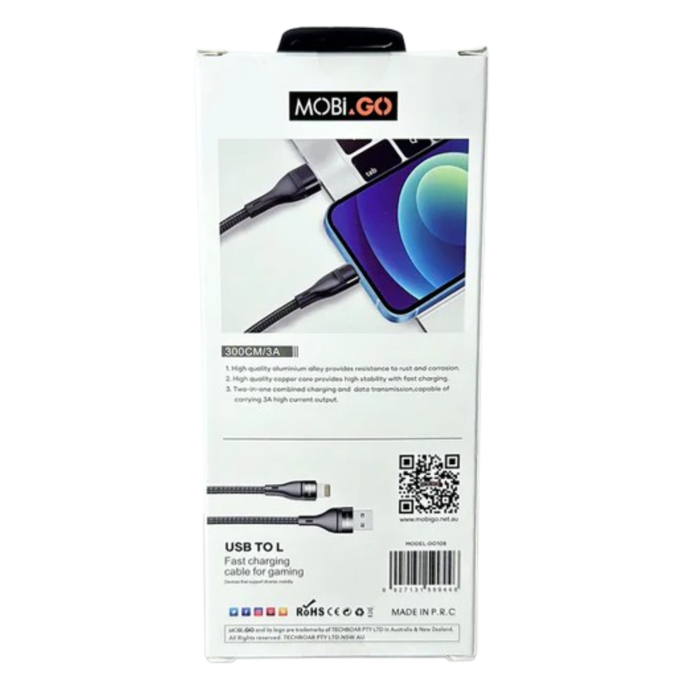 9eight5 Mobigo 3m USB-A to Lightning cable accessory with durable connectors and flexible design for charging and syncing devices