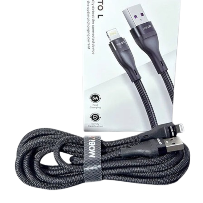 9eight5 Mobigo 3m USB-A to Lightning cable accessory showing the black cable with connectors on both ends.