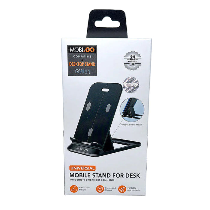 9eight5 Mobigo desktop phone holder stand with adjustable angle, designed for smartphones and tablets, shown on a white background.