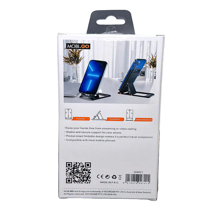 9eight5 Mobigo desktop phone and tablet holder stand, versatile accessory with adjustable viewing angle for smartphones and tablets.