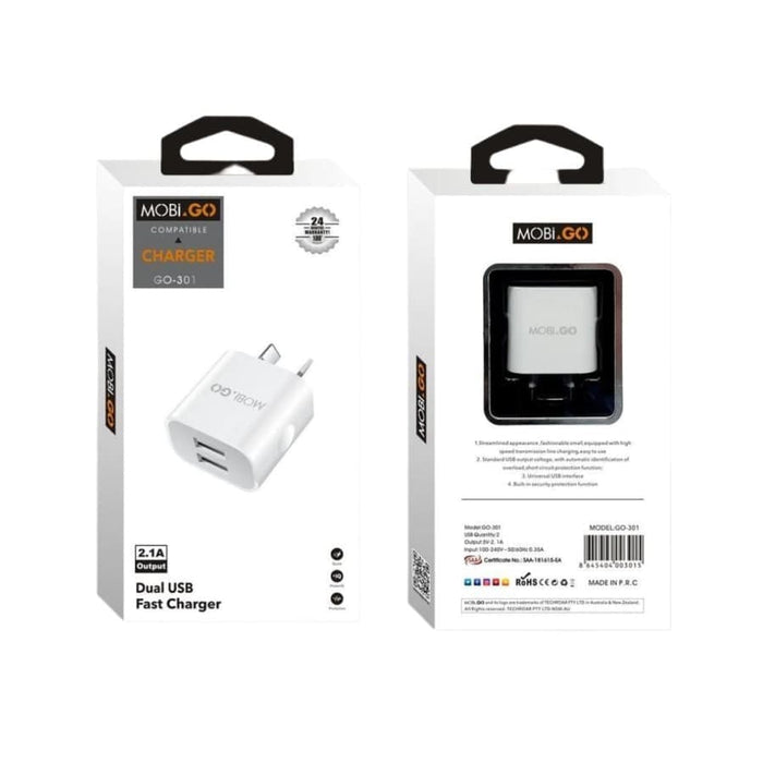 Mobigo Dual USB Power Adapter Wall Plug for NZ and AUS outlets, compact charger for electronic devices.