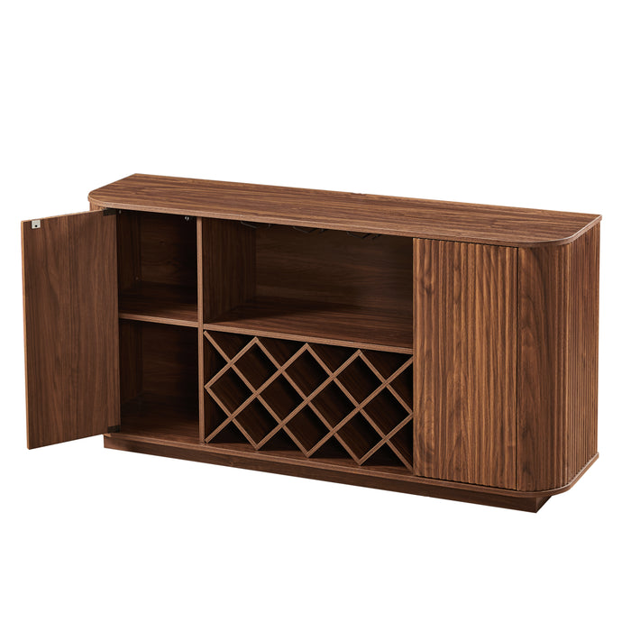 Modern 58" Wavy Sideboard with Wine Rack & Glassware Storage, Walnut
