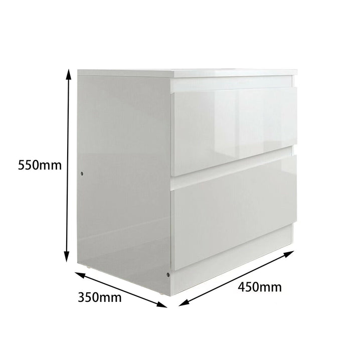 Set of two Sue-e Furniture Monaco bedroom bedside tables and a matching chest of three drawers, featuring sleek modern design.