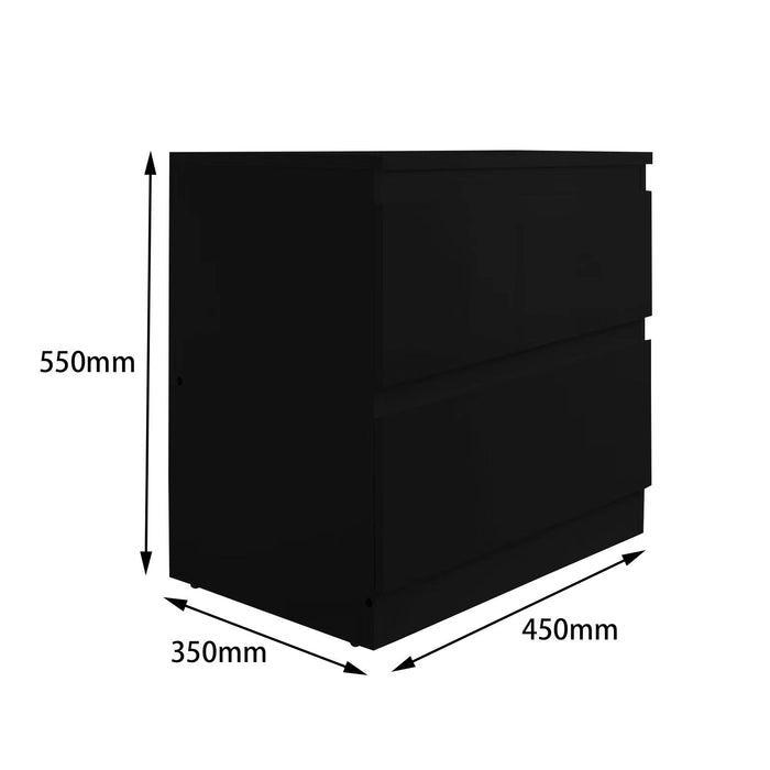Black 'Monaco' bedside table by sue-e furniture with a sleek design and modern finish, featuring a drawer and open shelf.