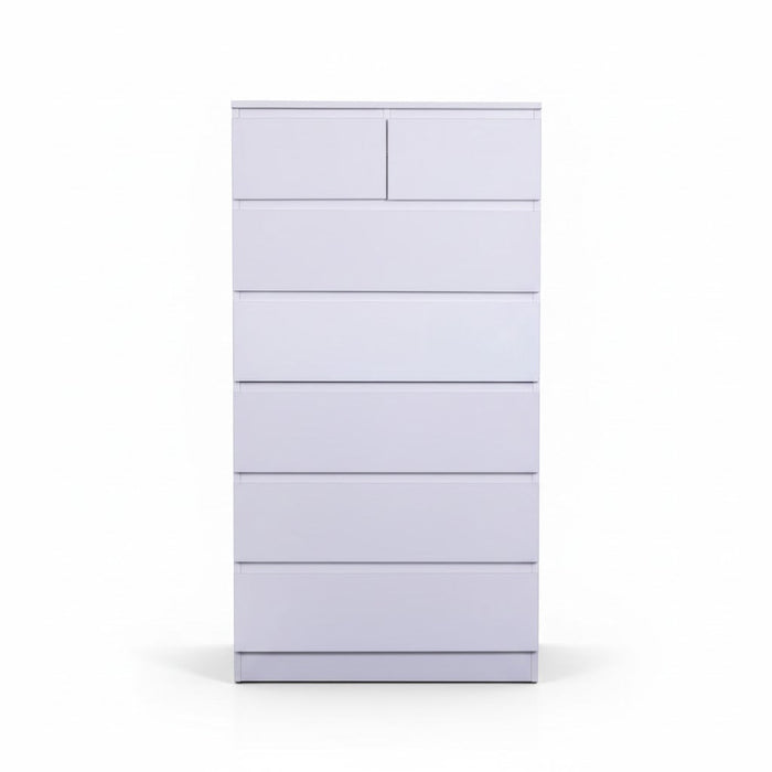 Tall boy dresser with seven drawers from the Sue-E Furniture Monaco collection, showcasing a modern wood finish.