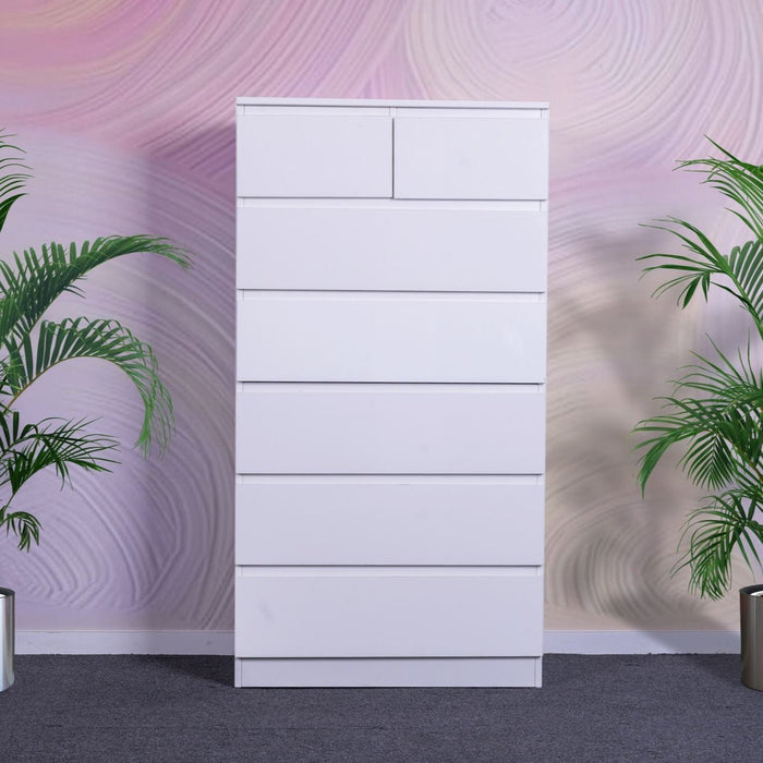 Tall boys Monaco chest of 7 drawers by sue-e furniture, featuring a sleek wooden finish and modern design.