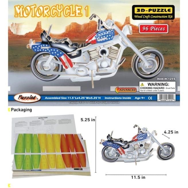 Illuminated 3D motorcycle puzzle by 9eight5 showing a detailed, glowing model with intricate parts and vibrant lighting effects.