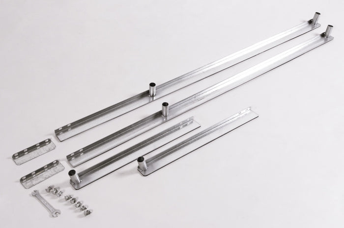 Galvanized steel mounting rails and hardware set for durable installation, featuring multiple lengths and fittings.