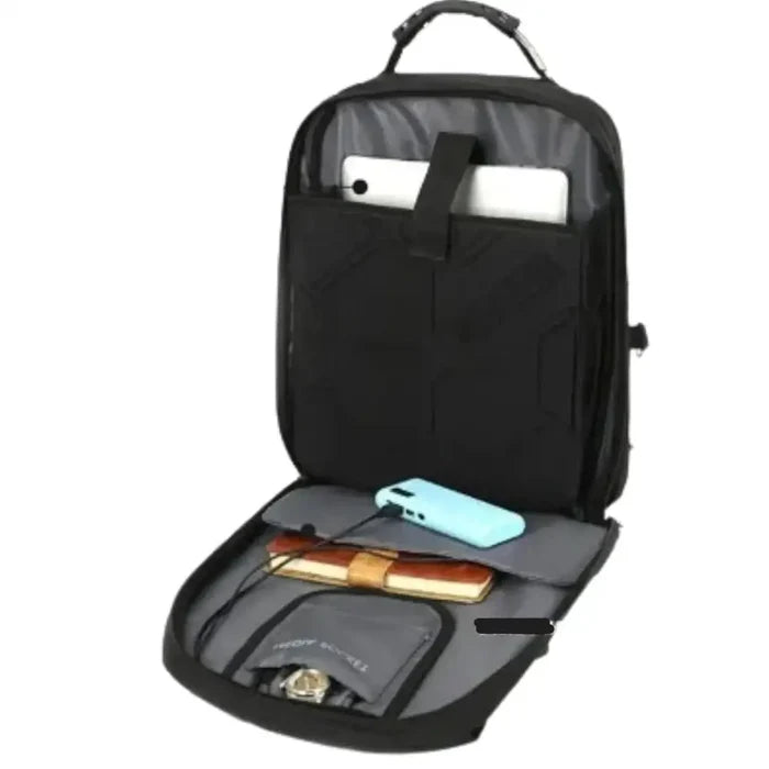 Habicare 9eight5 waterproof USB laptop backpack with multiple compartments, designed for travel and everyday use.