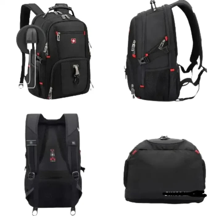 Habicare 9eight5 waterproof USB laptop backpack with multiple compartments, ideal for travel and daily use, shown with open zippers.
