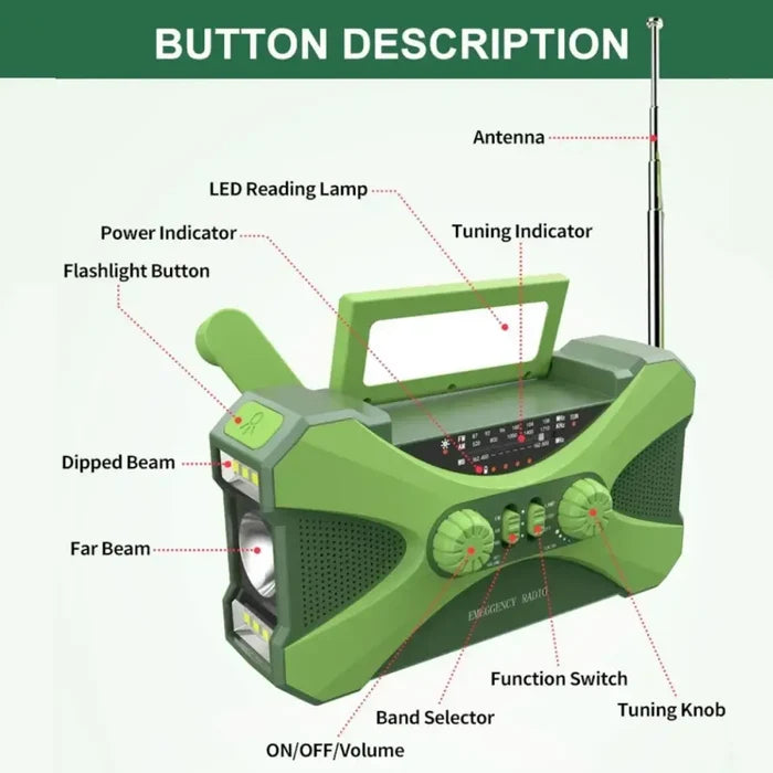 Habicare multifunctional 10000mAh solar crank radio in two colors, featuring a portable design with solar panel and hand crank.