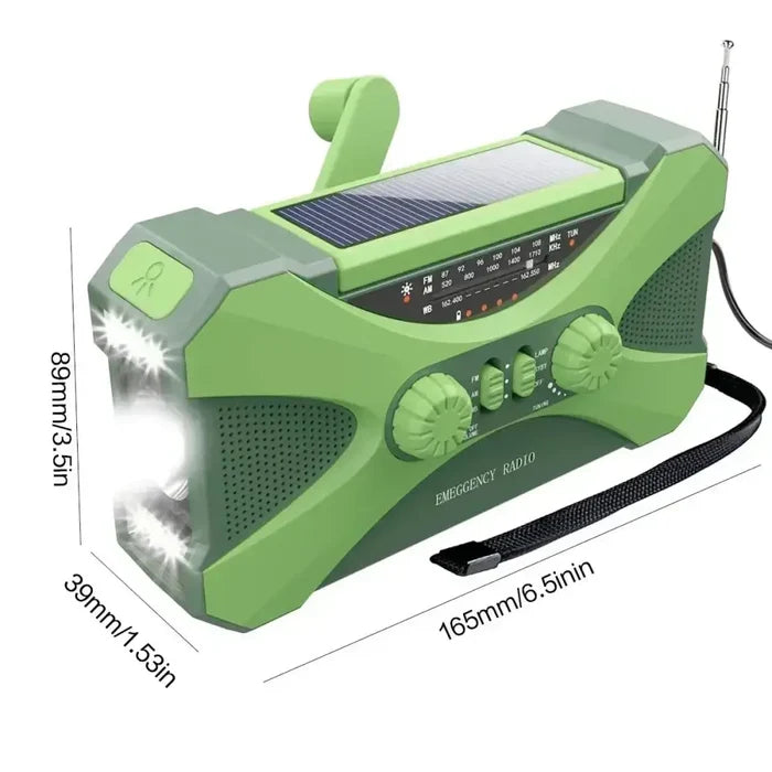 Habicare multifunctional 10,000mAh solar crank radio in two colors, featuring a sturdy design and built-in flashlight.
