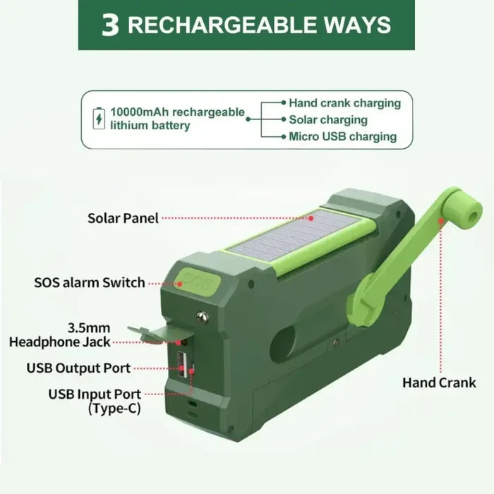 Habicare multifunctional 10000mAh solar crank radio in two color options, with built-in flashlight and emergency features.