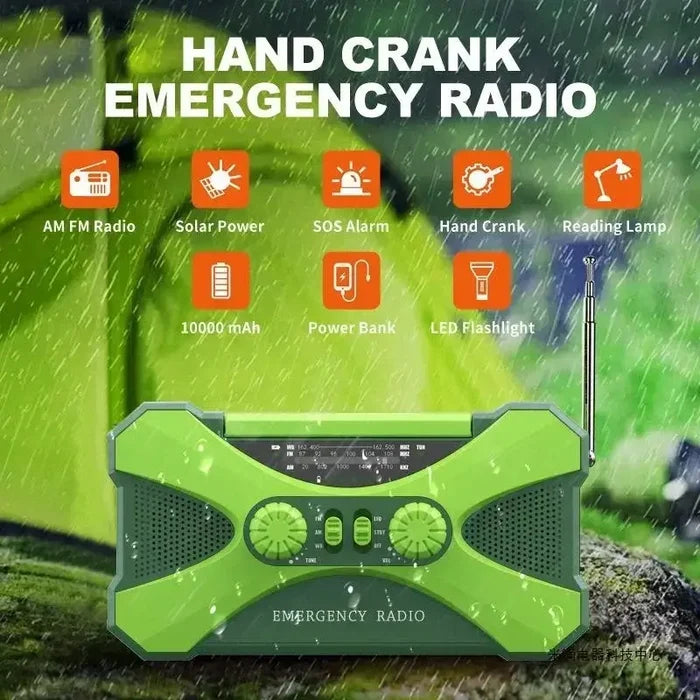 Habicare multifunctional 10000mAh solar crank radio available in two colors, featuring a portable design with radio, flashlight, and charging.