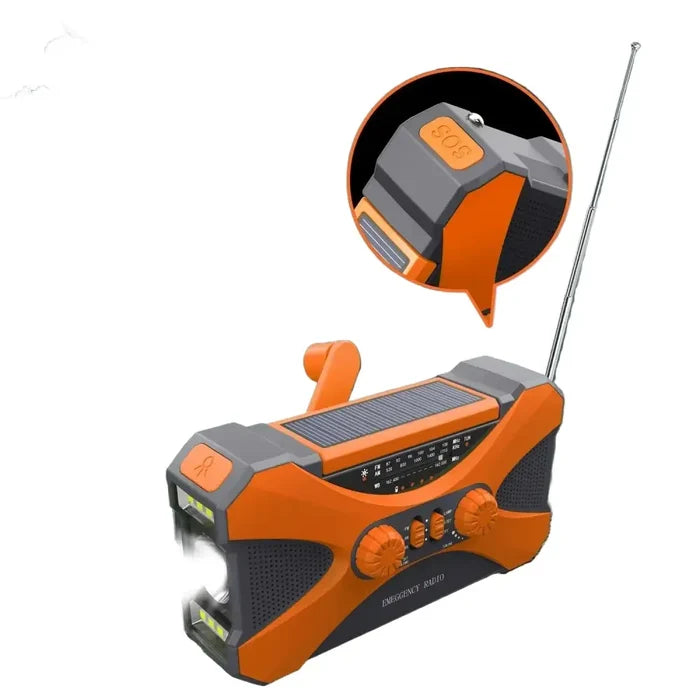 Habicare multifunctional 10000mAh solar crank radio in two colors, with built-in flashlight and emergency features.