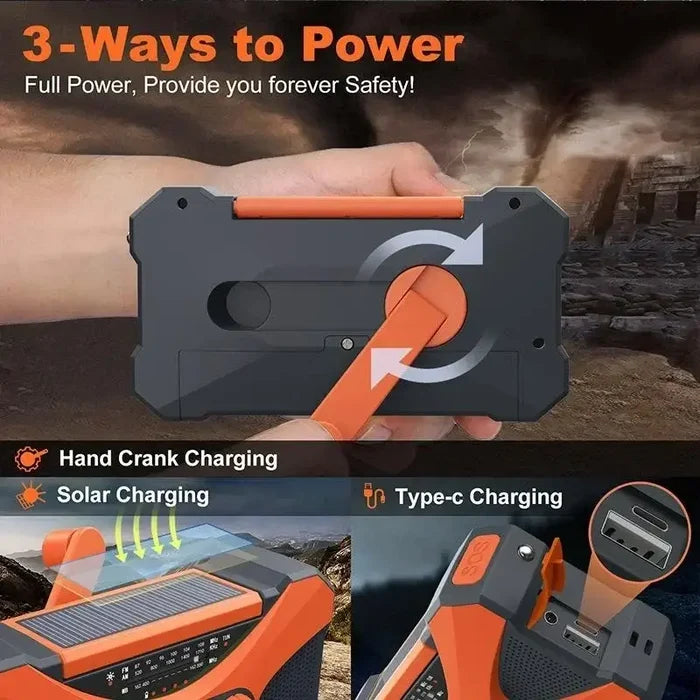 Habicare 10,000mAh solar crank radio in two colors, featuring emergency flashlight and portable design.