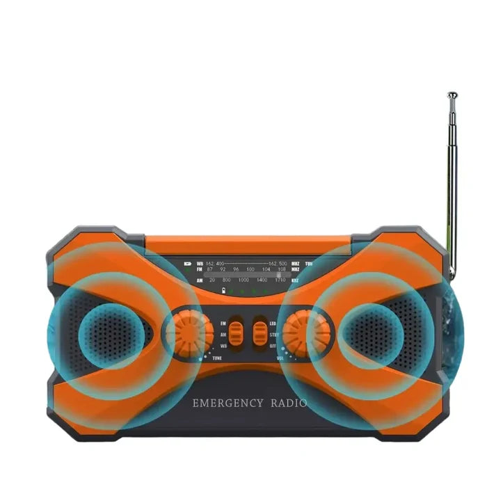 Habicare multifunctional 10,000mAh solar crank radio with LED flashlight in two color options, portable emergency radio device.