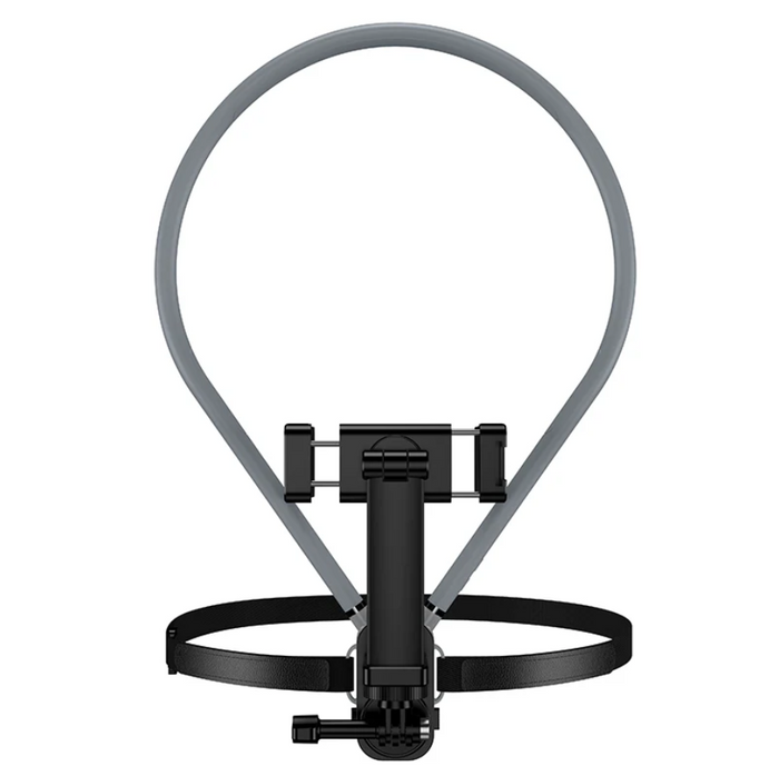 Techplus neck mount phone holder for POV vlogging, showing the adjustable design and smartphone securely attached for hands-free filming.