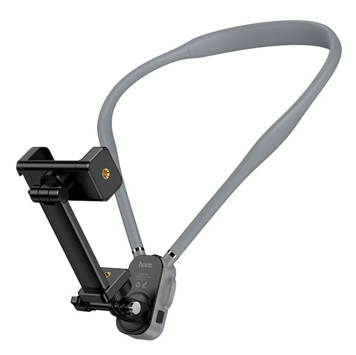 Techplus Neck Mount Phone Holder for POV vlogging, showing a smartphone secured in the adjustable neck mount.