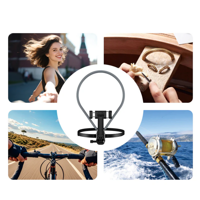 Techplus neck mount phone holder for POV vlogging, showing a smartphone securely attached for hands-free recording.