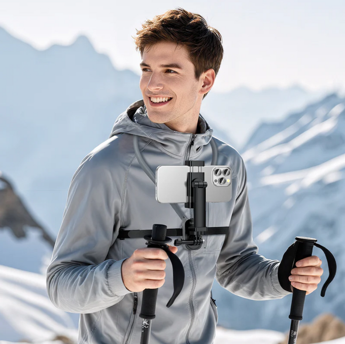 Techplus neck mount phone holder for POV vlogging, adjustable design, shown attached to a smartphone for hands-free recording.