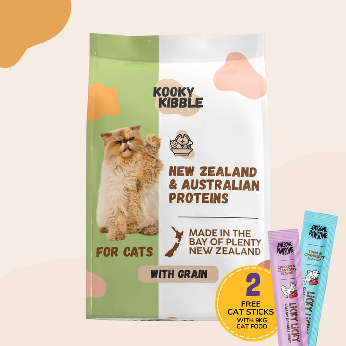 Kooky Kibble NZ grain cat food for all life stages, featuring dry kibble with grains in 3/9 kg bag.