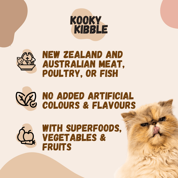 Kooky Kibble NZ New Zealand cat food with grains for all life stages, 3.9 kg bag showing cat food in a bowl