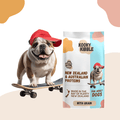 Kooky Kibble NZ New Zealand dog food with grains for adult dogs, 12 or 24 kg bag, showing the product packaging.