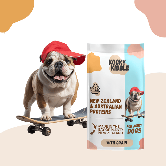 Kooky Kibble NZ New Zealand dog food with grains for adult dogs, 12 or 24 kg bag, showing the product packaging.